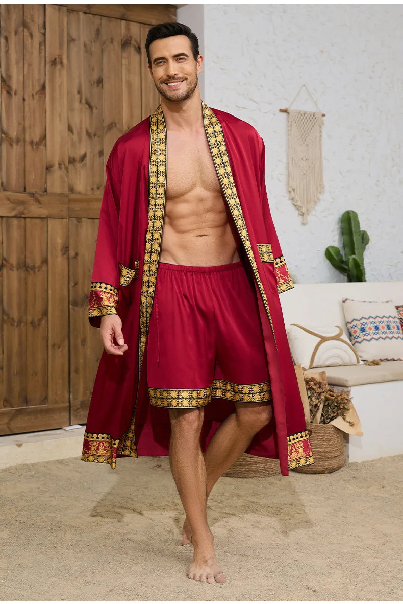 Frühling Sommer Neu Herren Schlafanzug 2-teiliges Roben-Shorts-Set Barockstil Seidensatin Kimono Bademantel Nachthemd Lose Homewear Loungewear