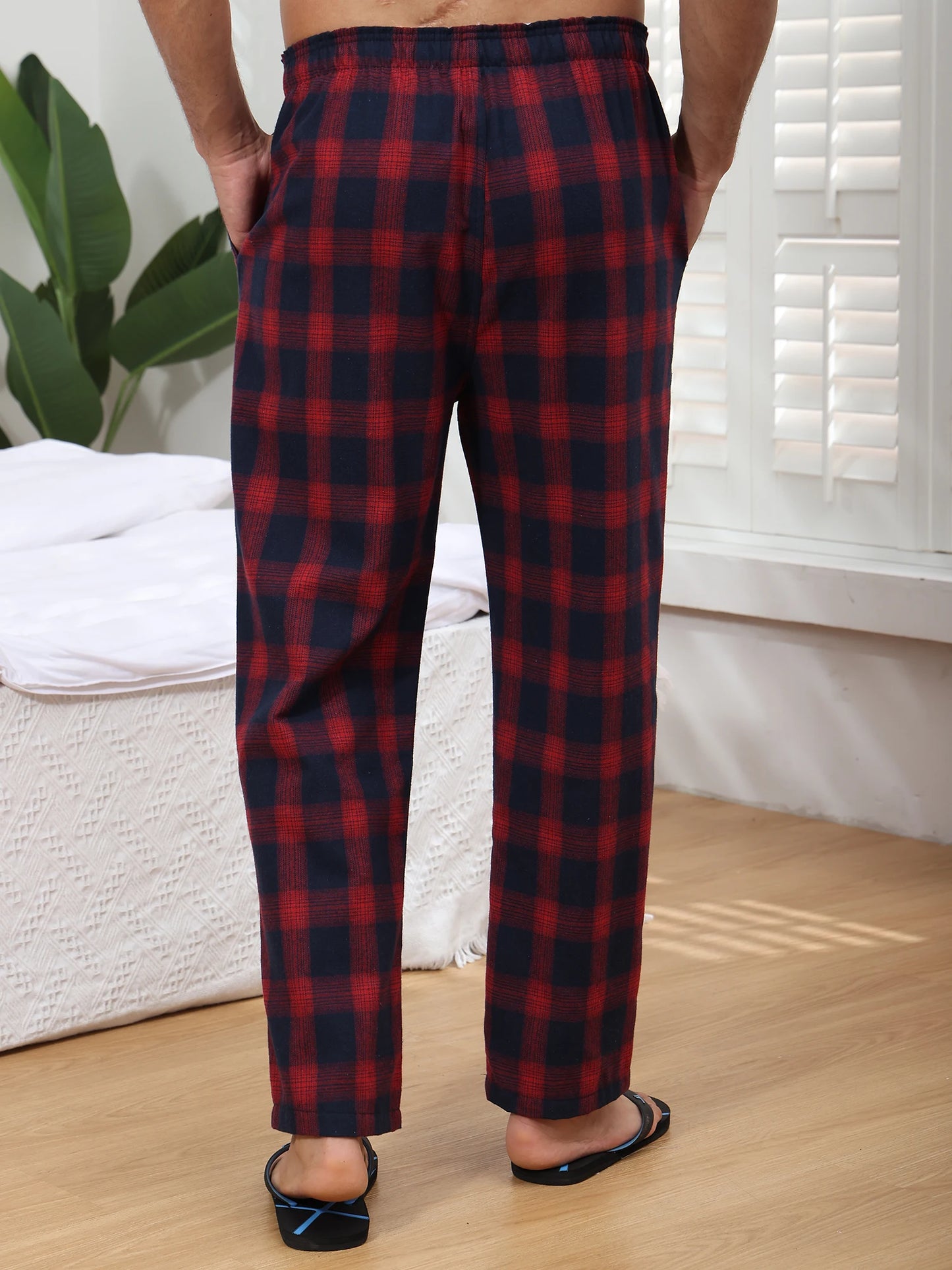 Pyjama Homme 3 Pièces Coton Carreaux, Pantalon de Pyjama Long Carreaux avec Taille Élastique pour Homme