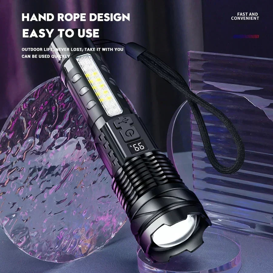 Super Big Flashlight USB Rechargeable Most Strong LED Flash Light Long Range Torch Zoom Outdoor With Digital Power Display