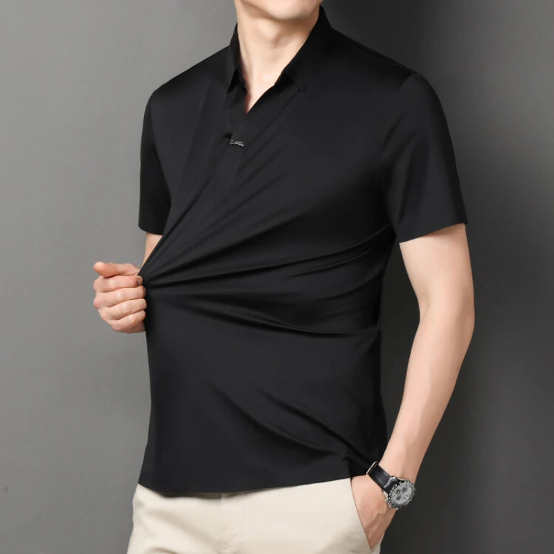 Polo 2024 de haute qualité, extensible et élastique, Chemise à manches courtes pour hommes, style décontracté, Col en V sans coutures, Polo pour hommes M-4XL