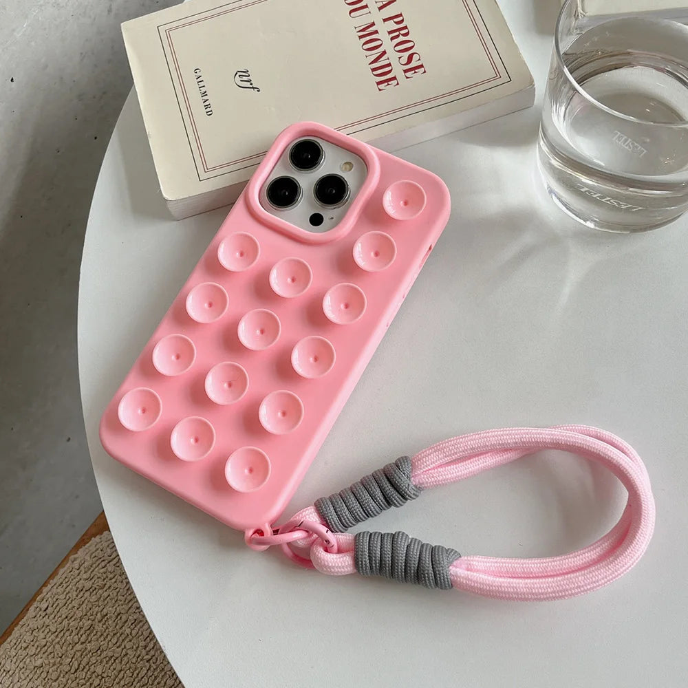 Suction Cup Phone Case For iPhone 16 Pro Max Case iPhone 17 13 11 12 14 15 Pro Max 14 Plus Wrist Strap Bracelet Lanyard Cover