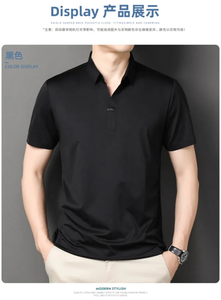 Polo 2024 de haute qualité, extensible et élastique, Chemise à manches courtes pour hommes, style décontracté, Col en V sans coutures, Polo pour hommes M-4XL