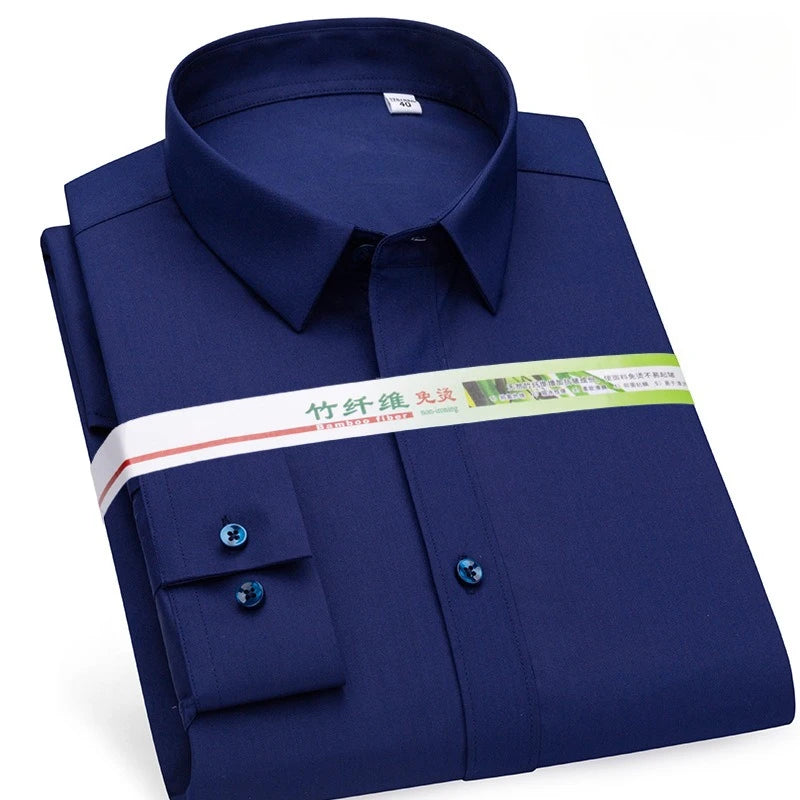 Chemise de Travail Blanche Homme en Fibre de Bambou Bleue 8XL Manches Longues Bureau Affaires Anti-rides Infroissable Décontractée