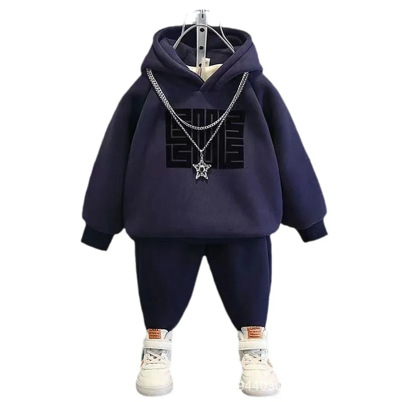 Ensembles de sweat-shirts pour enfants, hiver, plus velours épais, costume chaud garçons filles, sweat à capuche + pantalon 2 pièces, tenues de survêtement en coton