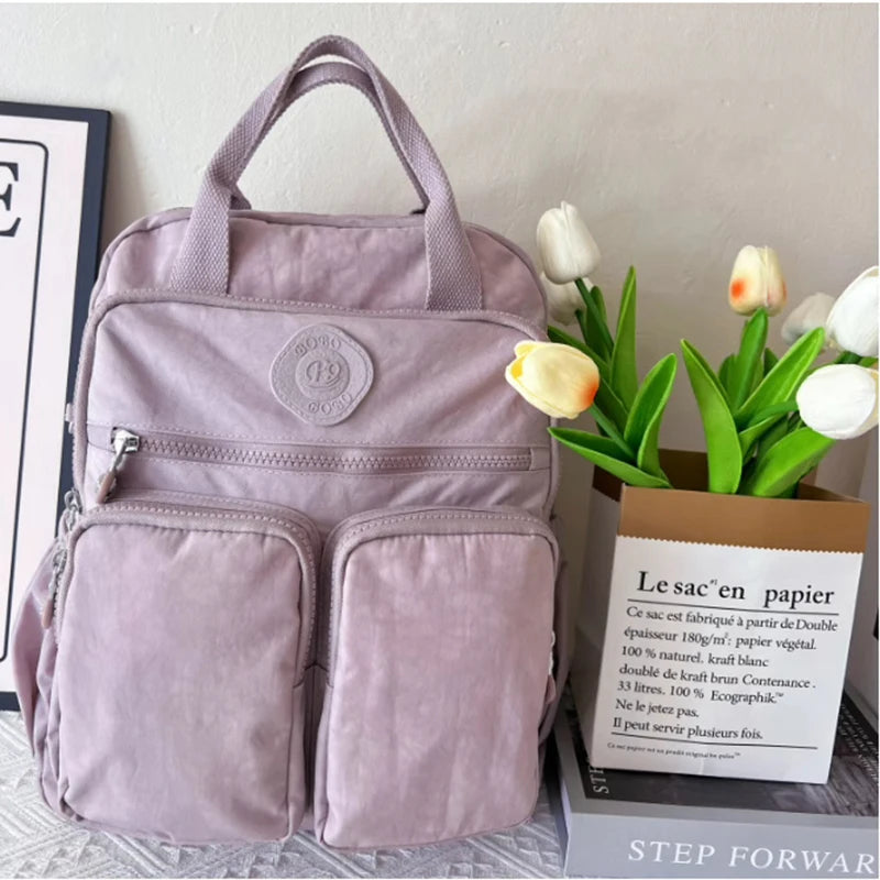 Fashion Multi-pocket Woman's Backpack Soft Handle Solid Color Nylon Travel Backpack Lightweight Casual School Backpacks