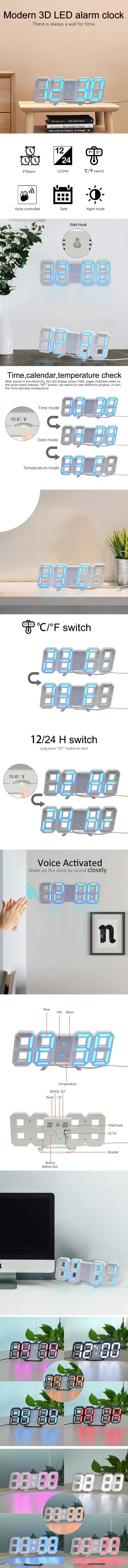 Produkte kaufen Uhr 3D LED Digital Wecker Wanduhr Zeit/Datum/Temperatur für Zuhause/Küche/Büro Uhren Deko Garten