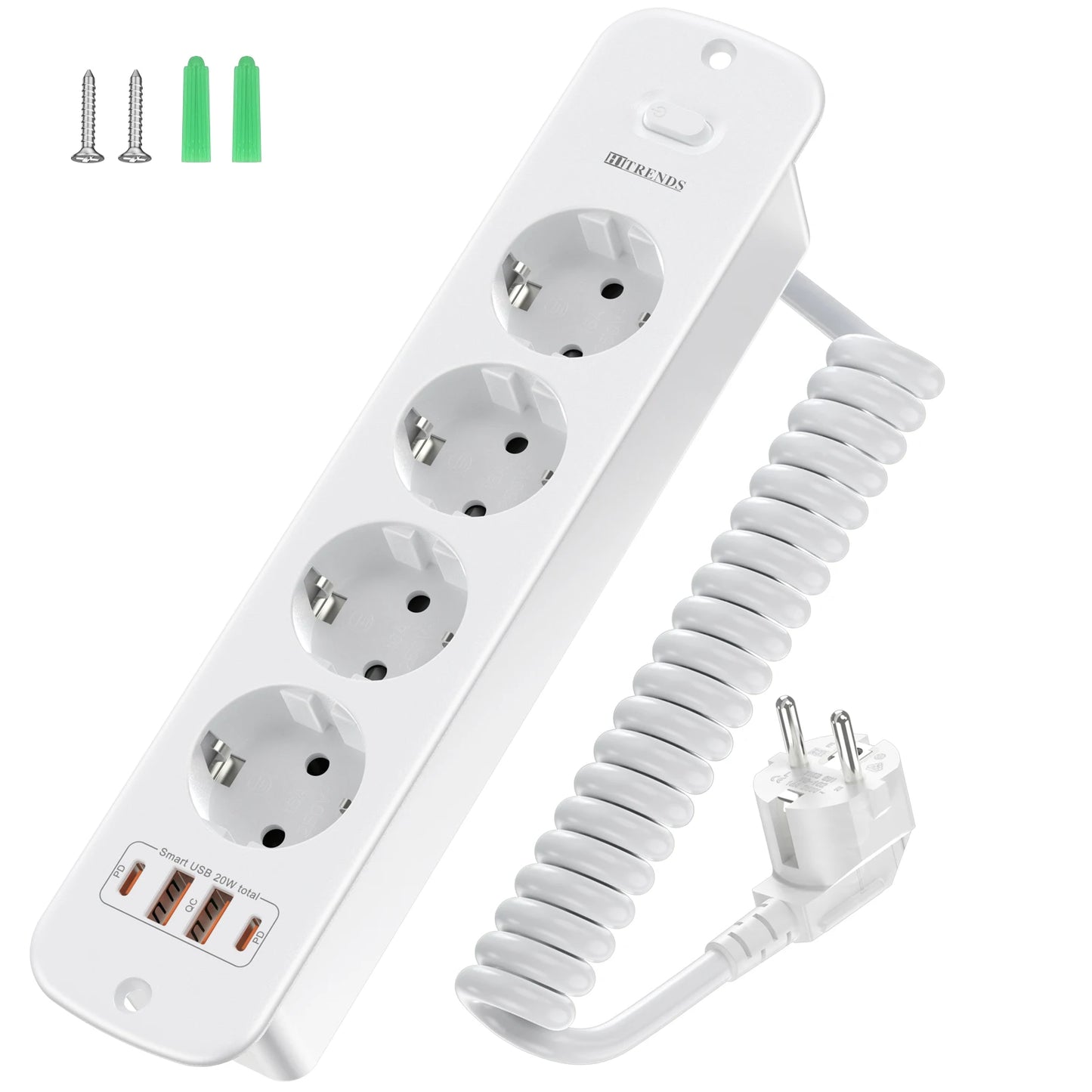 EU-Steckdosenleiste für den Schreibtisch, 3/4-fach + 4 USB-Smart-Schnellladeports, Hauptschalter, 2 Meter Feder-Verlängerungskabel
