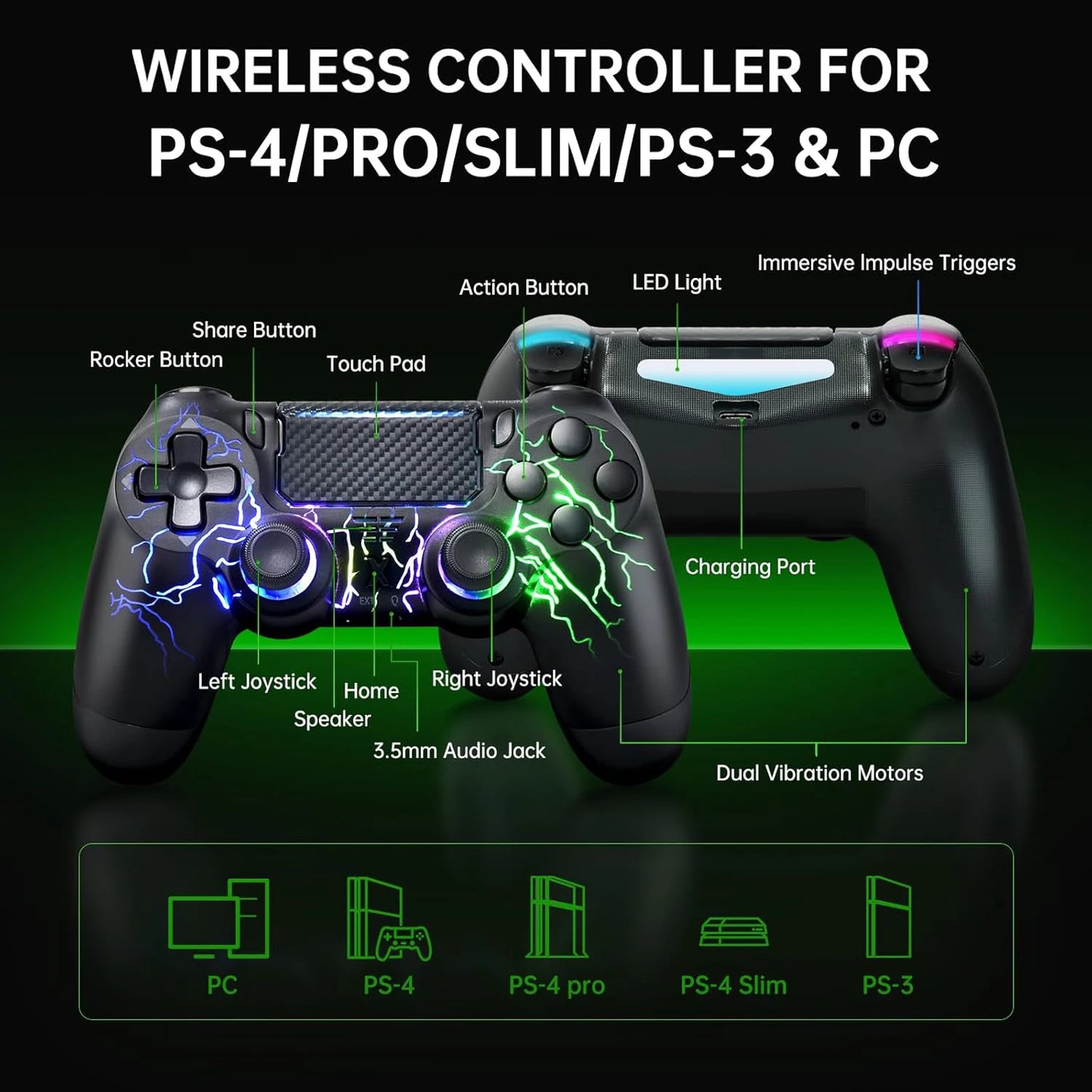Manette sans fil BG-4 pour PS4 avec pavé tactile, joystick Hall, 9 lumières et prise audio 3,5 MM, manette sans fil pour PS4/PS3/PS5