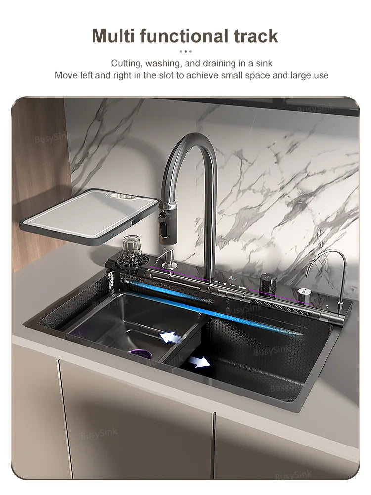 MultiFunction Waterfall Wash Vegetables Basin Stainless Steel Large Single Slot With Smart Digital Display Faucet Kitchen Sink