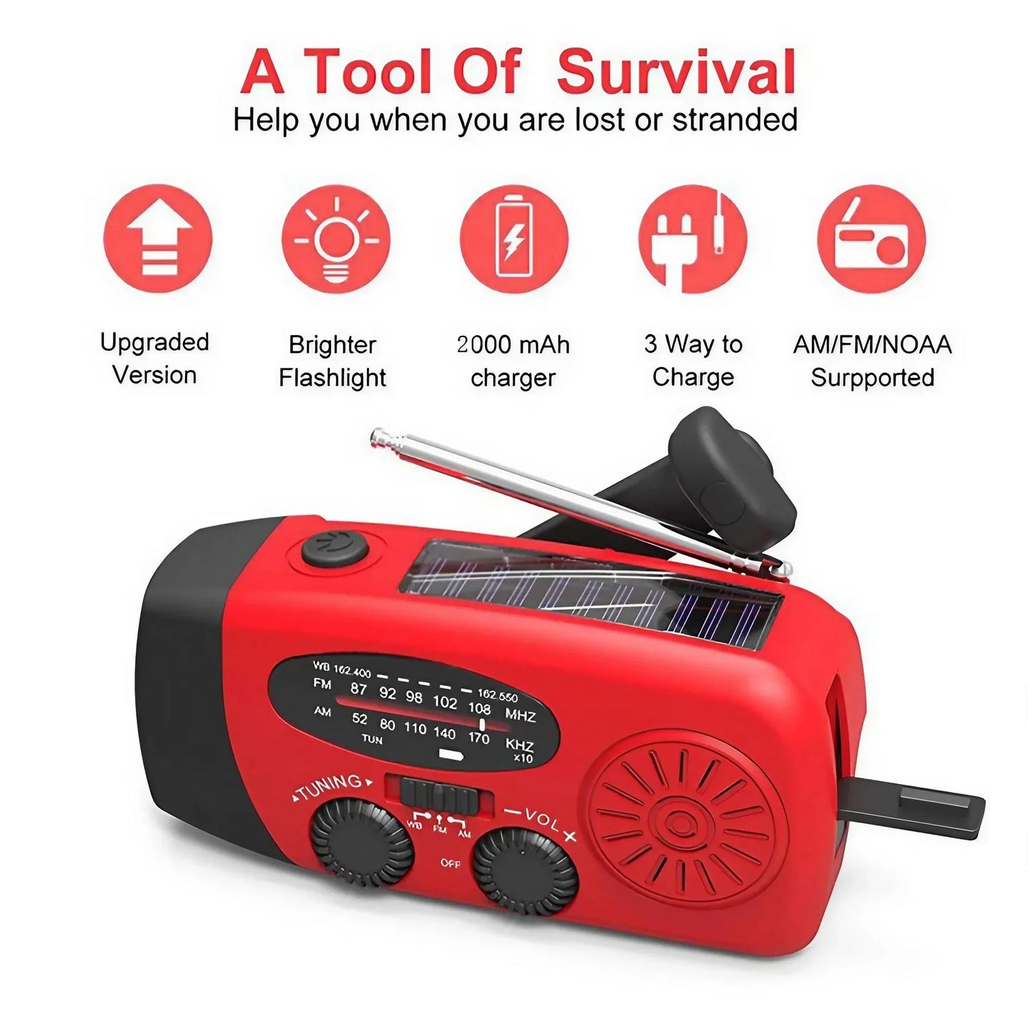 Wetterradio Notfall Multifunktionales Radio FM AM WB Handkurbel Solar USB-Ladefunktion 2000mAh Powerbank LED Taschenlampe
