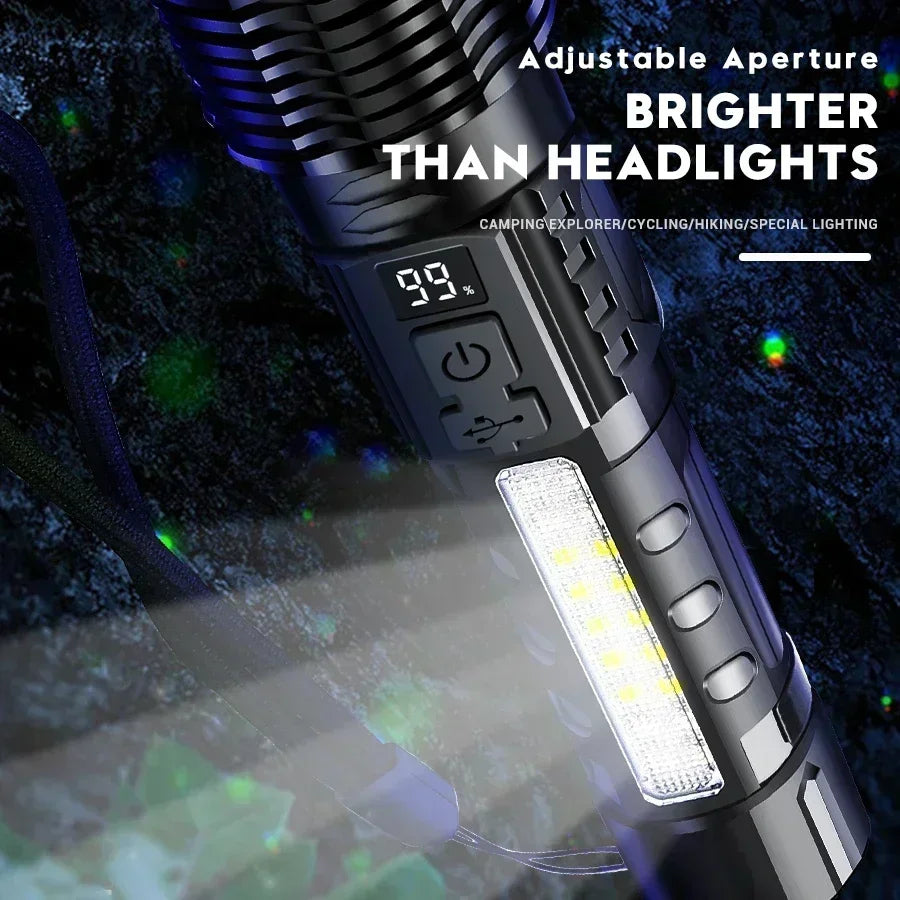 Super Big Flashlight USB Rechargeable Most Strong LED Flash Light Long Range Torch Zoom Outdoor With Digital Power Display