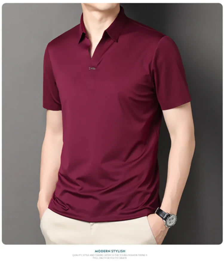 Polo 2024 de haute qualité, extensible et élastique, Chemise à manches courtes pour hommes, style décontracté, Col en V sans coutures, Polo pour hommes M-4XL