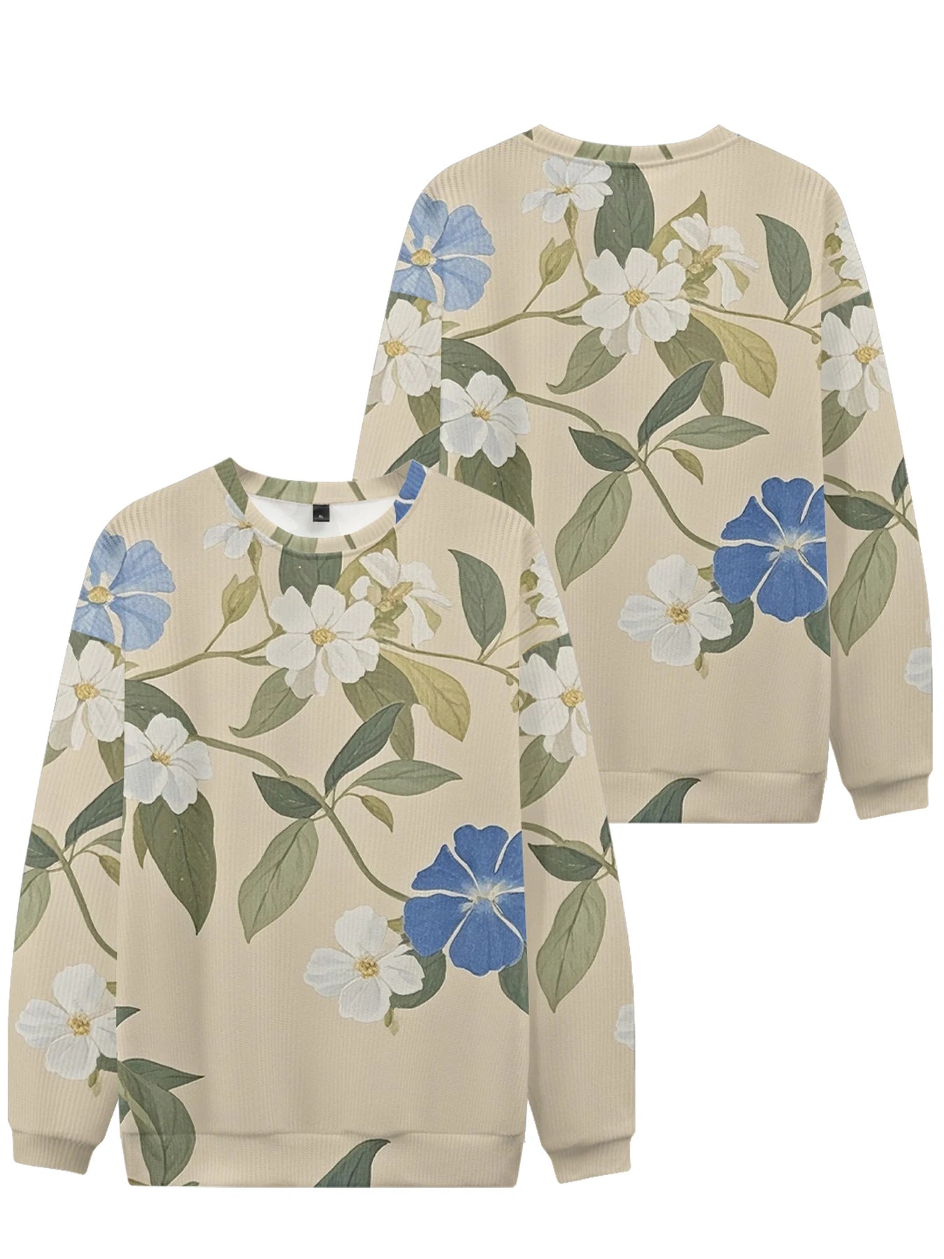 Lebhaftes weißes Rundhals-Sweatshirt mit Blumendruck, vollflächigem botanischen Design mit bunten Blüten und Blättern, lässige Frühlingsmode für Paare