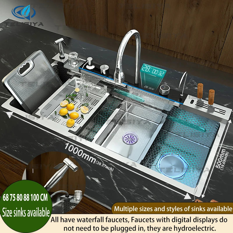 Évier de cuisine en acier inoxydable multifonctionnel avec affichage numérique, cascade, grand bac unique avec égouttoir pour couteaux et vaisselle