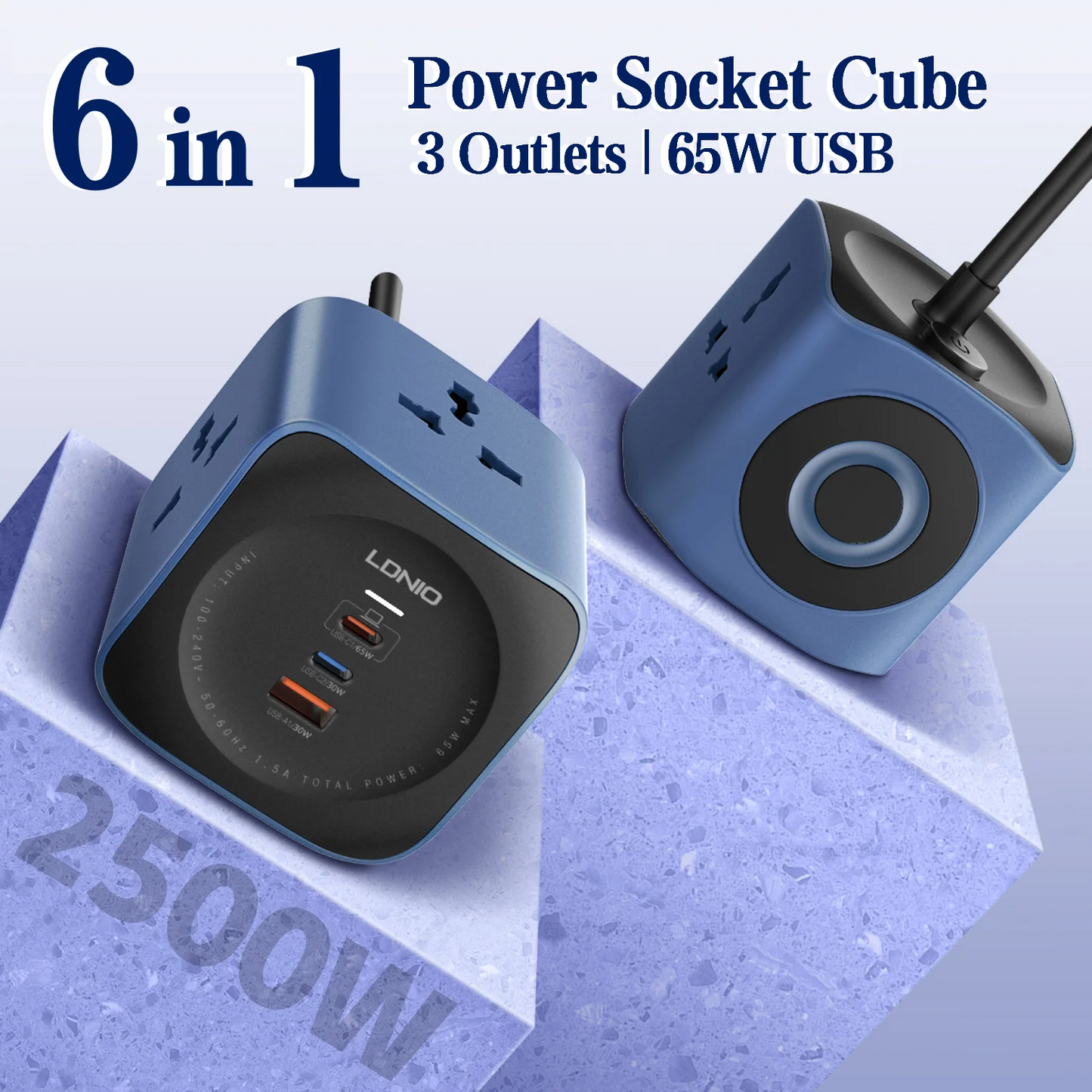 Multiprise cube LDNIO 3 prises universelles avec 3 ports USB 65W, protection contre les surtensions 2500W, cordon d'extension de 2m (fiche UK/EU/US) et interrupteur