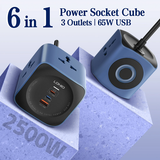 LDNIO Power Strip Cube 3 Universalsteckdosen mit 65W 3 USB-Anschlüssen 2500W Überspannungsschutz 2M Verlängerungskabel mit UK/EU/US-Stecker und Schalter