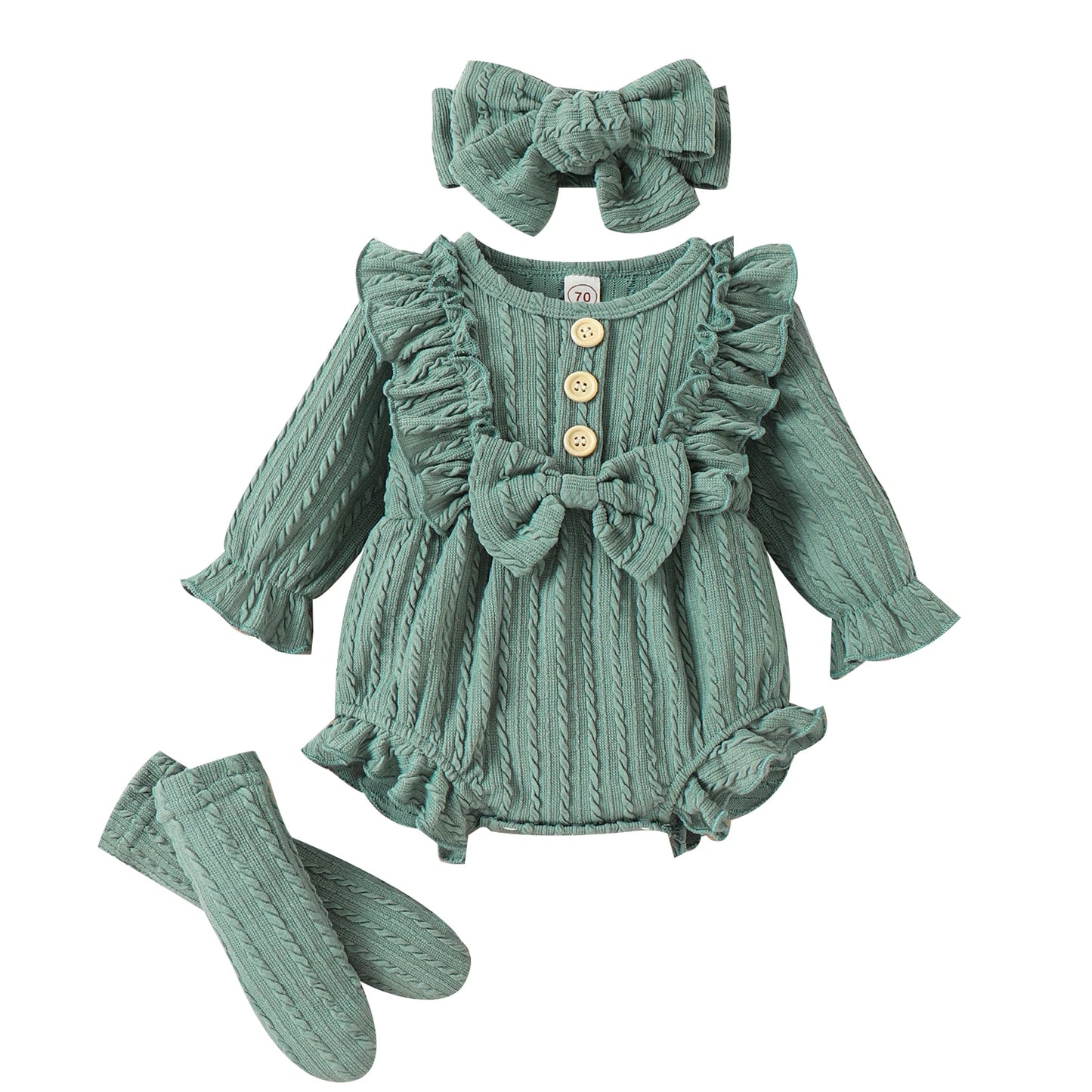 Ensemble 3 pièces printemps automne pour bébés filles, barboteuse à manches longues boutonnée avec volants + chaussettes + bandeau