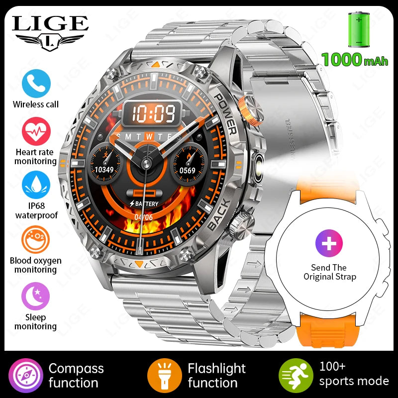LIGE Nouvelle Montre Intelligente Militaire Hommes 1000mAh Batterie Super Capacité Bracelet Sportif Extérieur Moniteur de Fréquence Cardiaque Montre Connectée Étanche