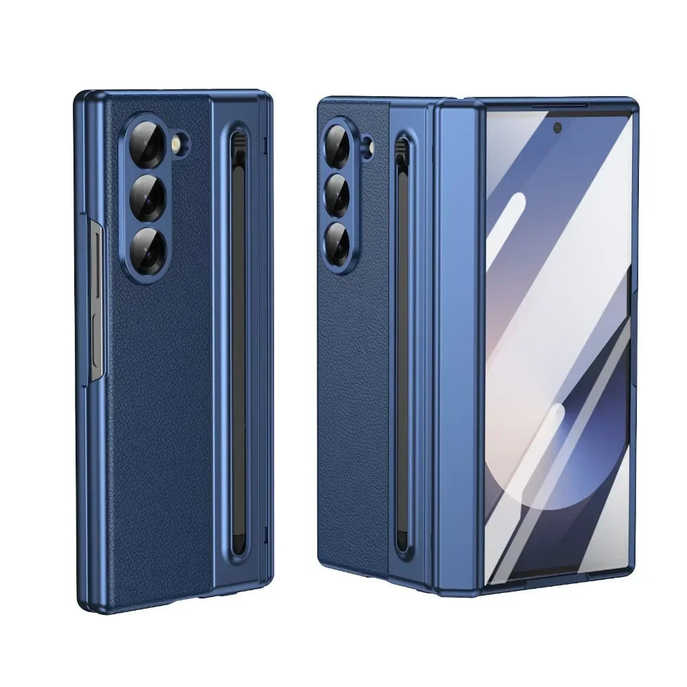 Leder mit Stahlfilm Stifthalter Handyhülle für Samsung Galaxy Z Fold 7 6 5 4 Fold7 Fold6 Scharnierschutz Stoßfeste Hülle
