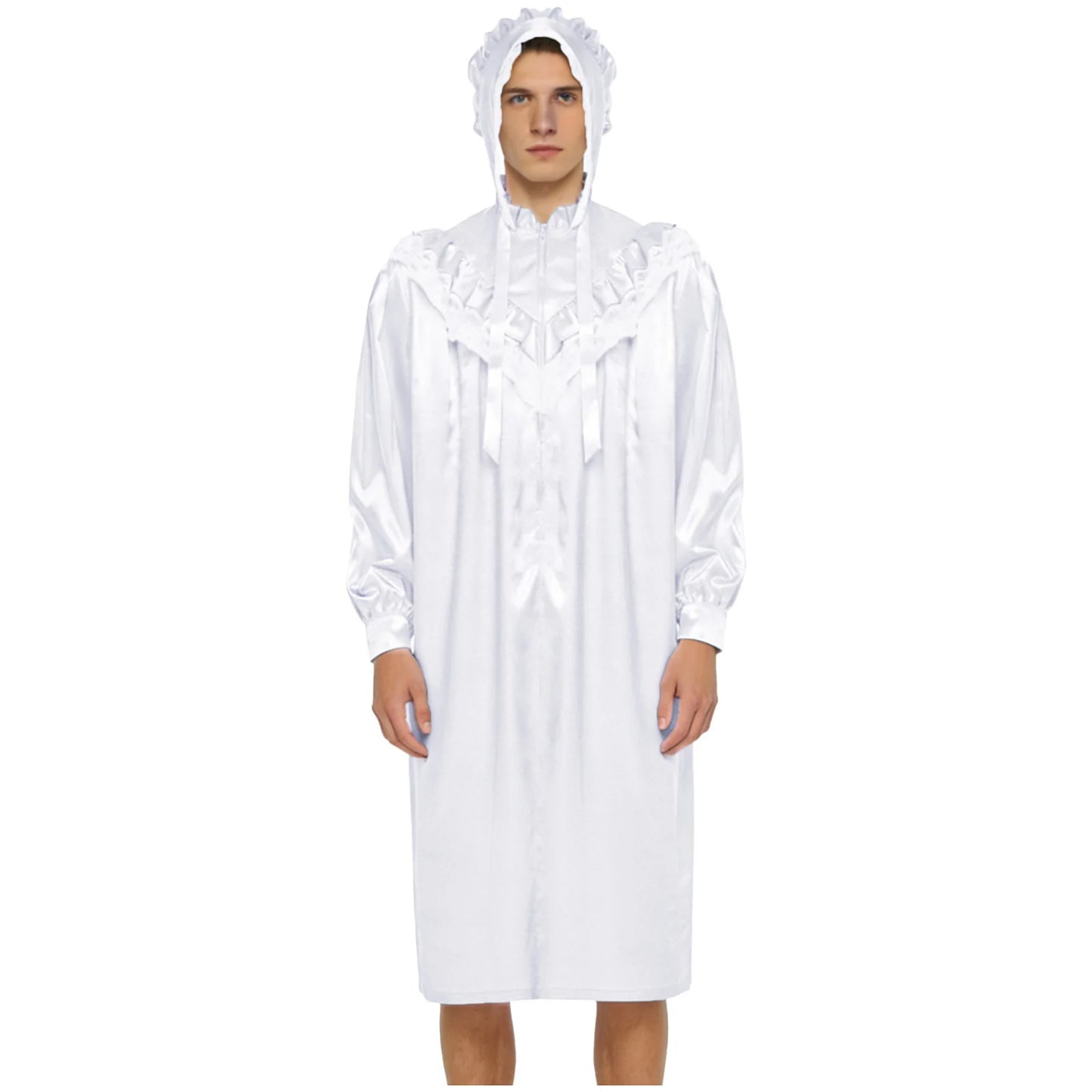 Pyjama homme à volants et dentelle, nuisette victorienne Sissy avec chapeau, robe de nuit satinée à manches longues et fermeture éclair sur le devant