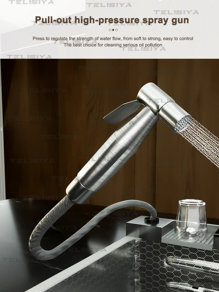 Évier de cuisine en acier inoxydable multifonctionnel avec affichage numérique, cascade, grand bac unique avec égouttoir pour couteaux et vaisselle