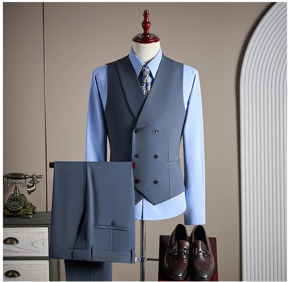 Ensemble de costume trois pièces en laine haut de gamme pour homme, élégant et décontracté, de couleur unie, idéal pour banquets et mariages.