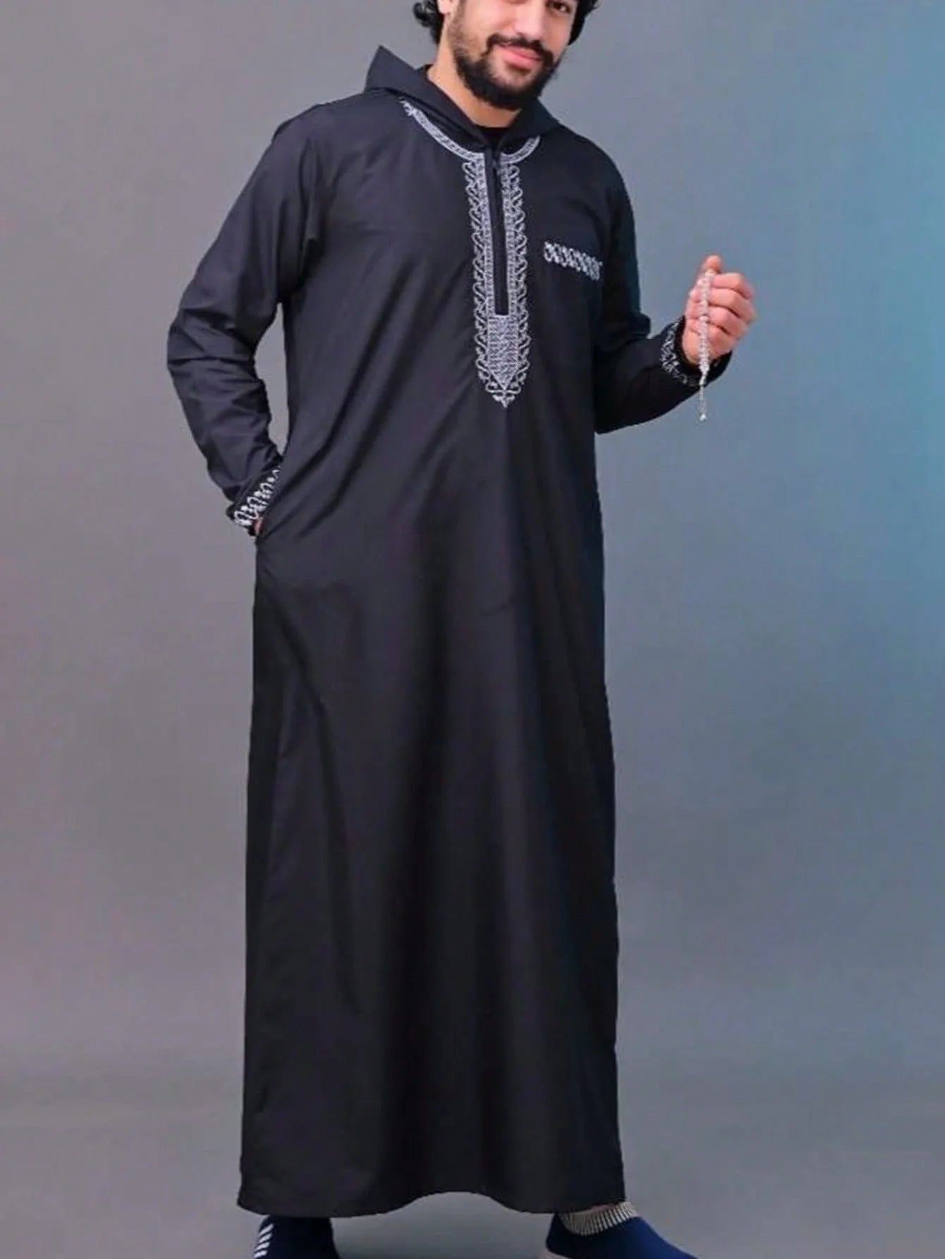 Robe à capuche marocaine Luxe homme brodé manche longue poche Vêtement musulman Abaya Moyen-Orient Djellaba Qamis