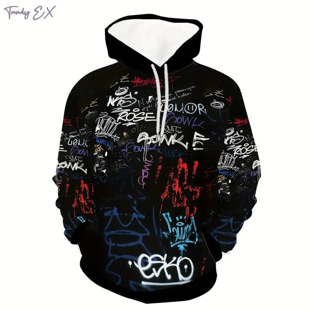 Herren-Sweatshirts Mode Graffiti-Print Lässig Oversized Hoodie Bequem Kängurutasche Sport Langarm Kapuzenpullover