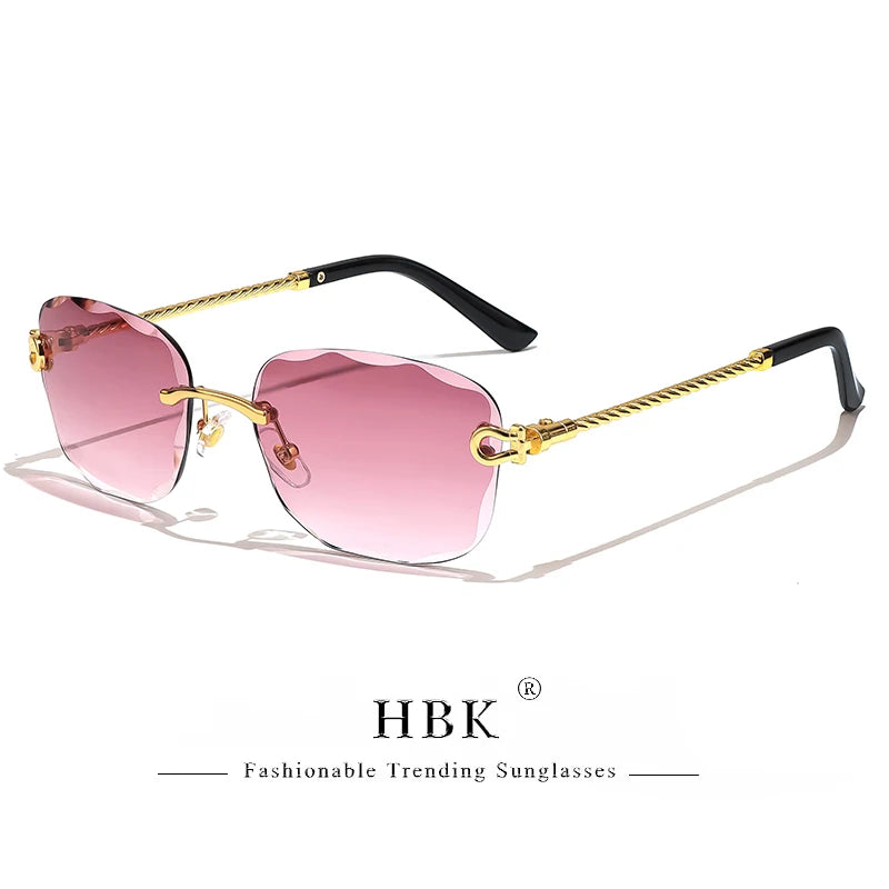 HBK Rahmenlose Metall Sonnenbrille Herren Wellenform geschnitten Sonnenbrille für Damen Reise Shopping Brille UV400 Sommer Stil