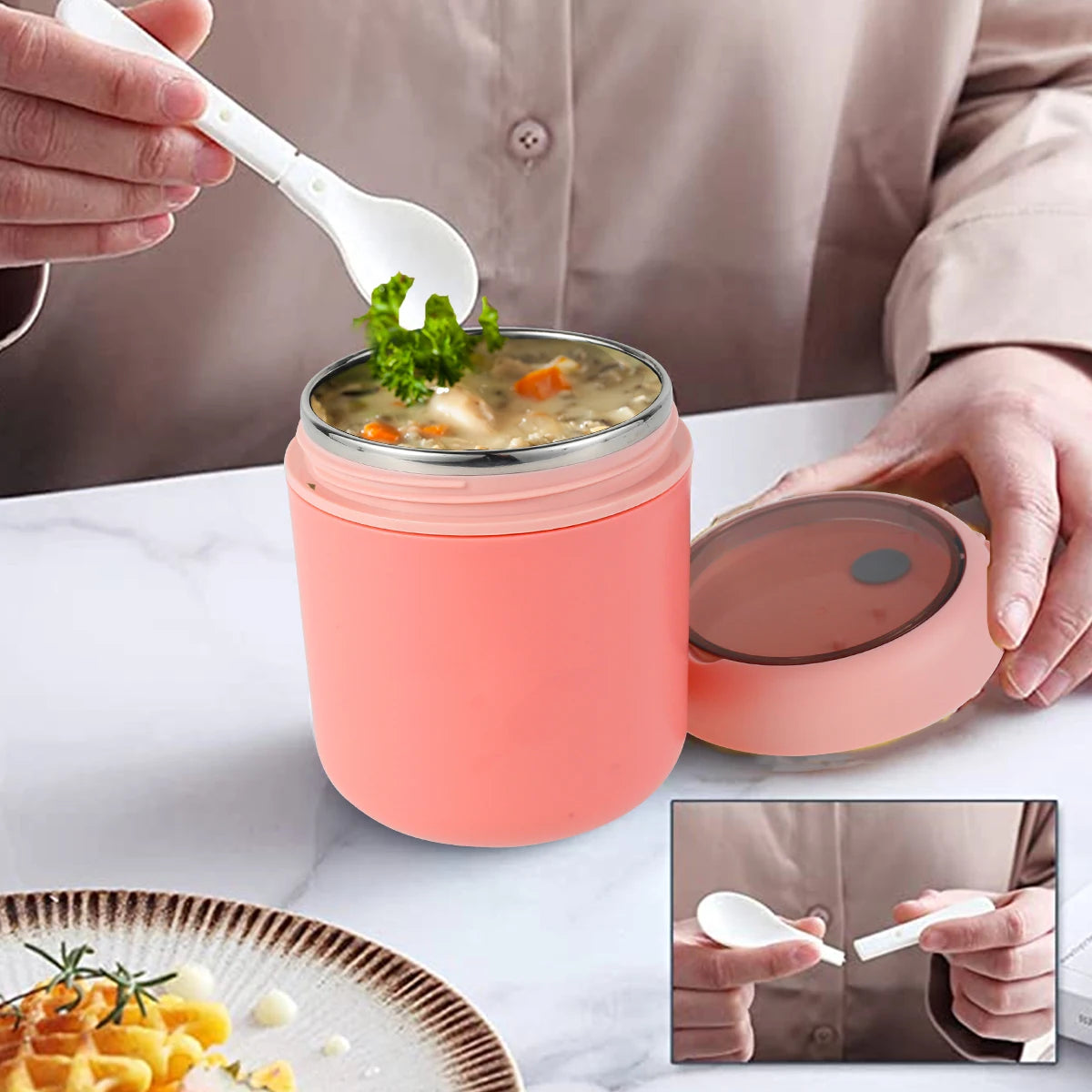 Récipient alimentaire isotherme sous vide pour aliments chauds en acier inoxydable 304 avec cuillère pliable et poignée, thermos portable pour le bureau et le travail