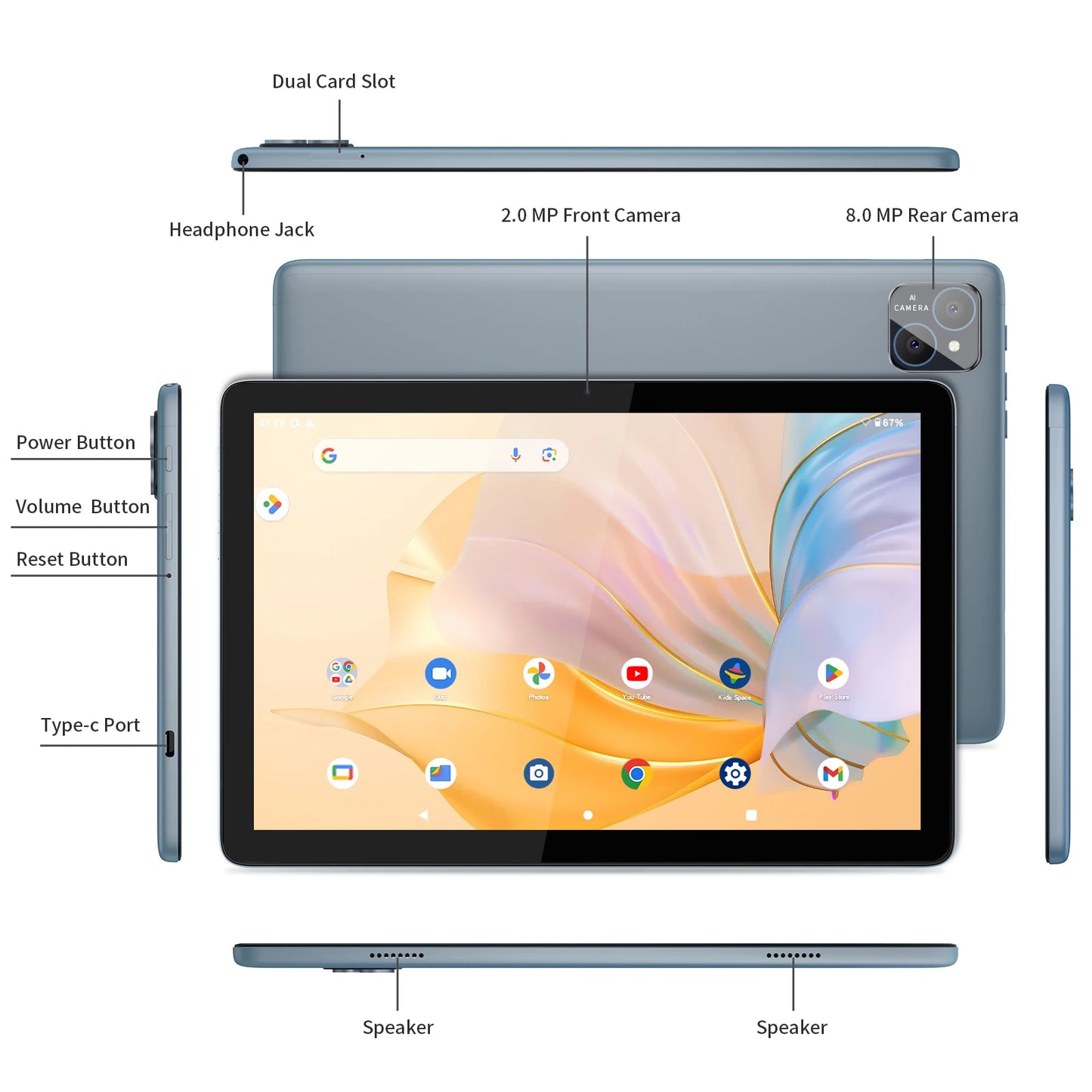 PRITOM TAB11 Android 15 Tablet 10 Zoll, 8GB(4+4 erweiterbar) RAM + 128GB ROM, Octa-Core, 5G WiFi, mit Tastatur, Maus, Hülle