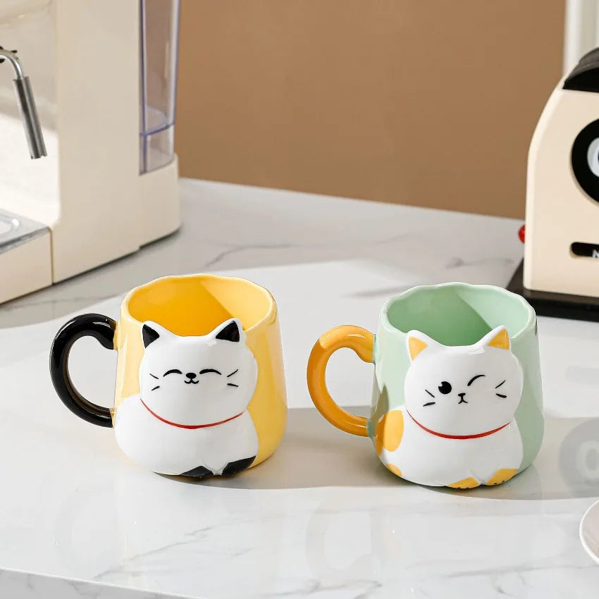 JUSTINLAU Tasse en céramique mignonne avec couvercle et cuillère, motif chat de dessin animé en relief, style japonais, tasse à café émaillée, tasse à thé en céramique