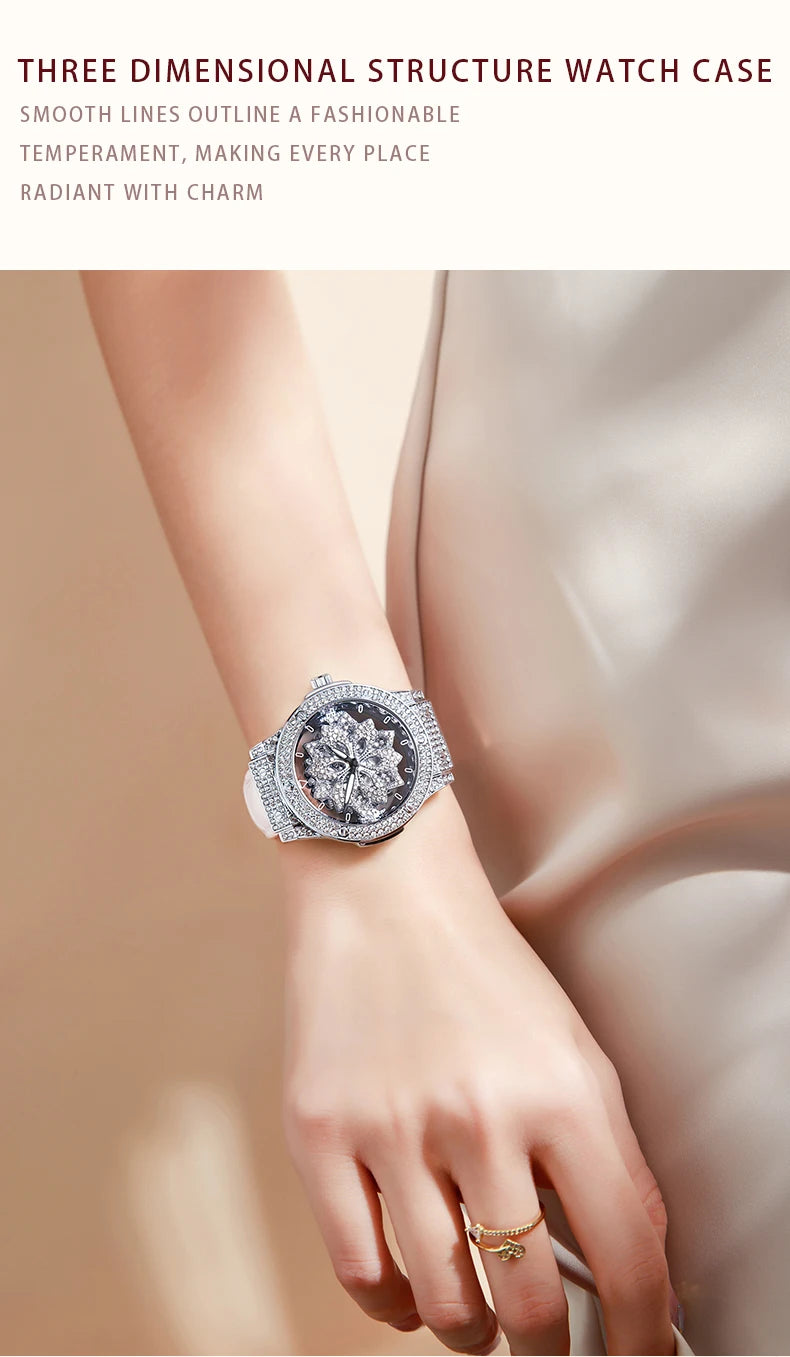 Beliebte Damenuhr mit modischem großem Zifferblatt, wasserdichte Pentagramm-Uhr für Mädchen, rotierende Hohluhr mit Schneeflocken für Damen