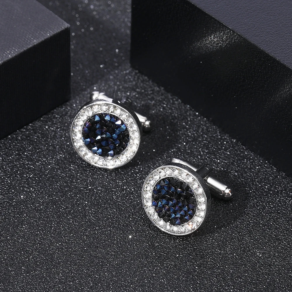 Modern Mens Cufflinks Pave Round Crystal Cuff Links Black Blue Rhinestone Color Dust Formal Button Ornaments