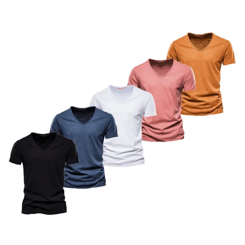 AIOPESON 5 PCS SET 100% COTTON V-neck T-shirts Men Casual Slim Fit Solid Color Summer T Shirt for Men Brand New Quality