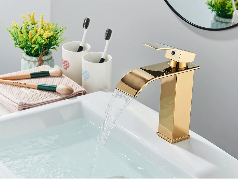 Robinet de Lavabo Doré Brossé, Élégant Robinet Cascade pour Salle de Bain, Mitigeur Monocommande en Laiton à Fixation sur Plan