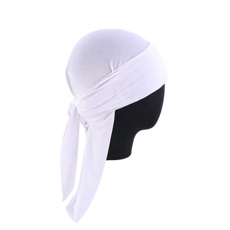 Neue Unisex Samt Durags Bandana Turban Hut Männer Frauen Atmungsaktive Lange Schwanz Piratenhüte Mütze Hip Hop Stirnband