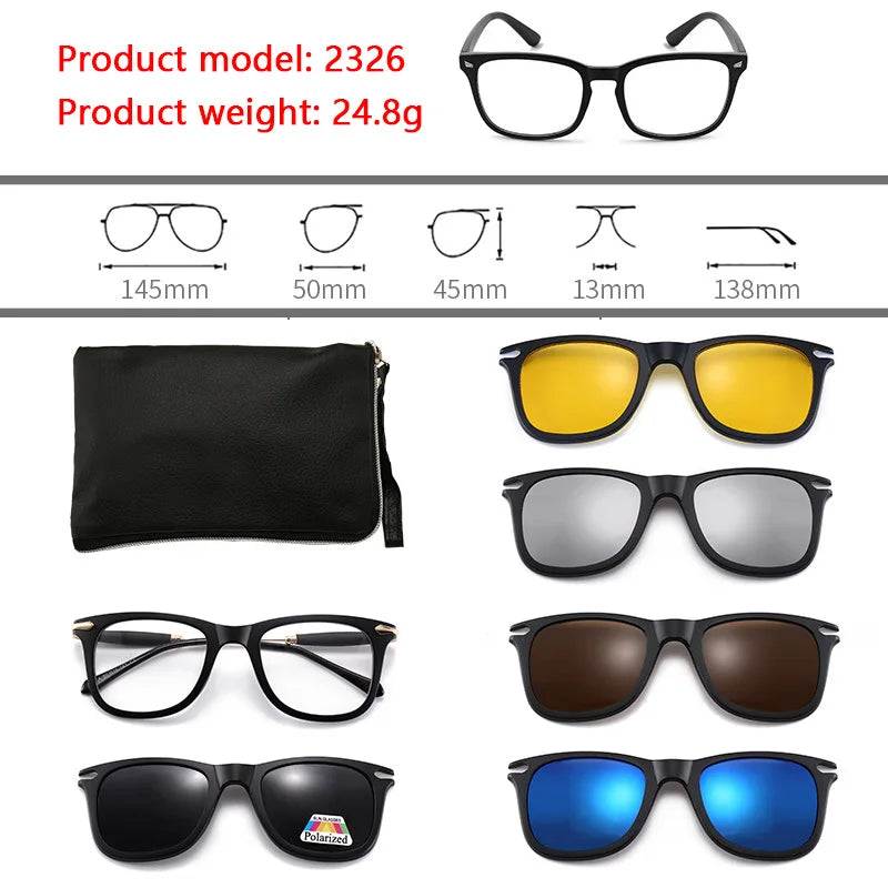 6 In 1 Polarized Sunglasses Men Women Magnetic Clip On Glasses TR90 Optical Prescription Eyeglass Frames Magnet Clips