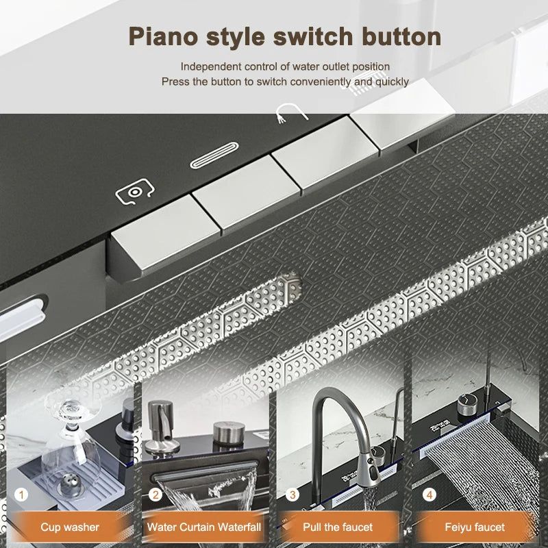 MultiFunction Waterfall Wash Vegetables Basin Stainless Steel Large Single Slot With Smart Digital Display Faucet Kitchen Sink