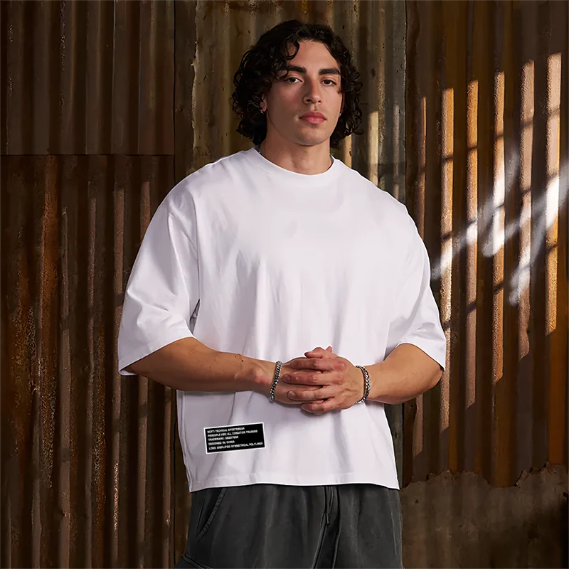 T-shirts de course pour hommes amples et oversize avec épaules tombantes en coton épais à manches courtes, vêtements de sport et de gym décontractés