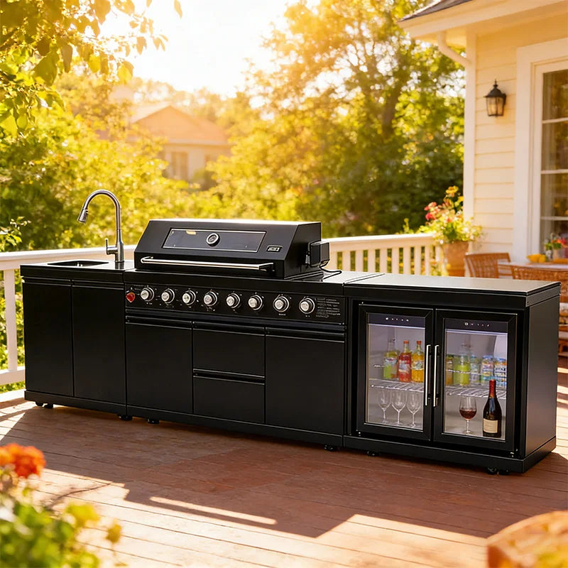 Cuisines d'extérieur modernes modulaires fonctionnelles en acier inoxydable avec grill, plaques de cuisson, évier, réfrigérateur et LED pour patio et jardin.