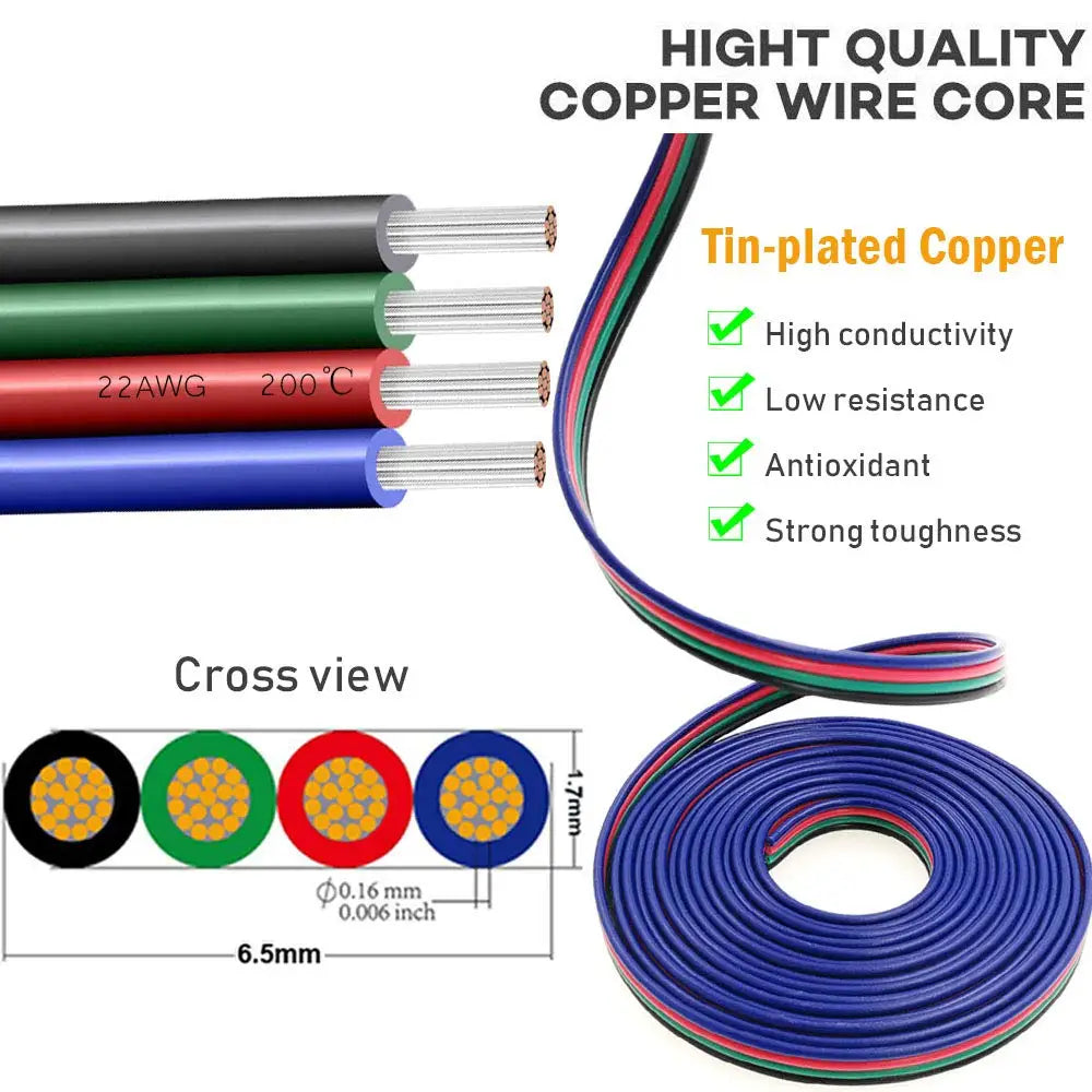 DC 12V 4Pin Extension Power Cable 5m 10m 20m 50m LED Connect Wire Tinned Copper Electrical Cord For SMD2835 5050 LED Strip Light