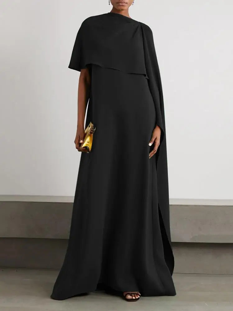 Onecozyday Damen Abendkleid Einfarbig Rundhals Asymmetrisches Bodenlanges Wickelkleid Frühling Sommer Neu Plissiertes Kleid 2024