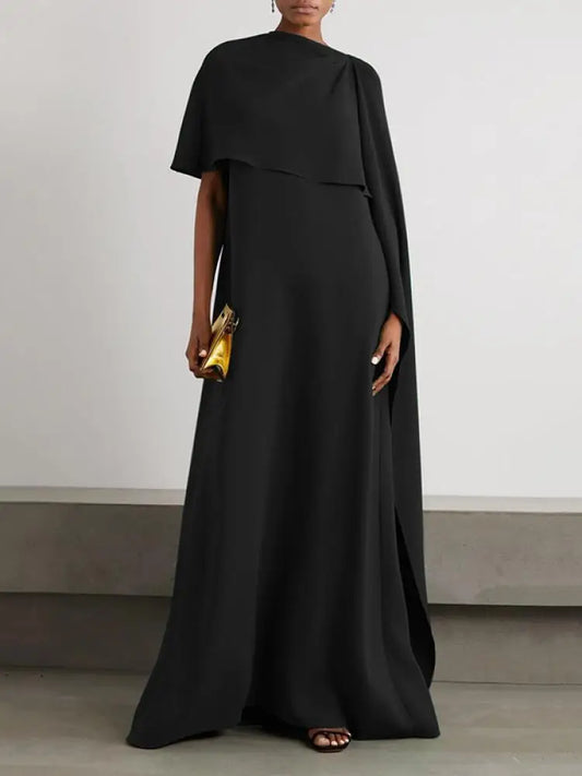 Onecozyday Women's Solid Color Evening Dress Round Neck Asymmetric Floor Length Wrap Dress 2024 Spring Summer New Pleated Dress