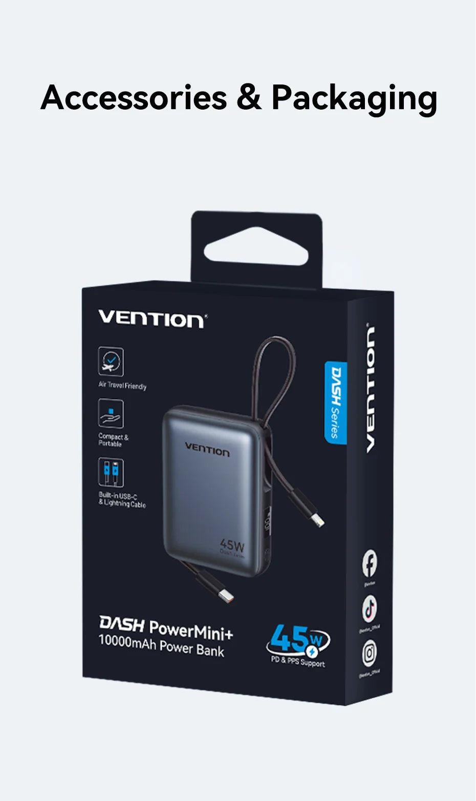 Vention 45W 10000mAh Powerbank mit integriertem USB-C- und Lightning-Kabel, tragbare Powerbank für iPhone 17 16 Samsung S26 S25 Xiaomi Poco