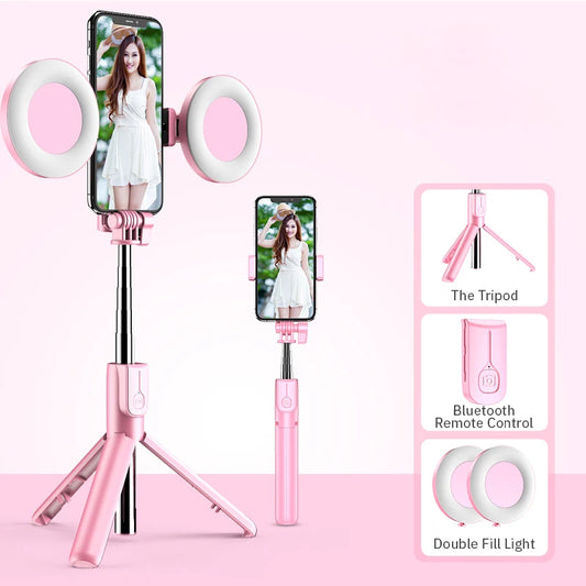 4-in-1 kabelloser Bluetooth-kompatibler Selfie-Stick, LED-Ringlicht, ausziehbares Handheld-Monopod, Live-Stativ für iPhone X 8 Android