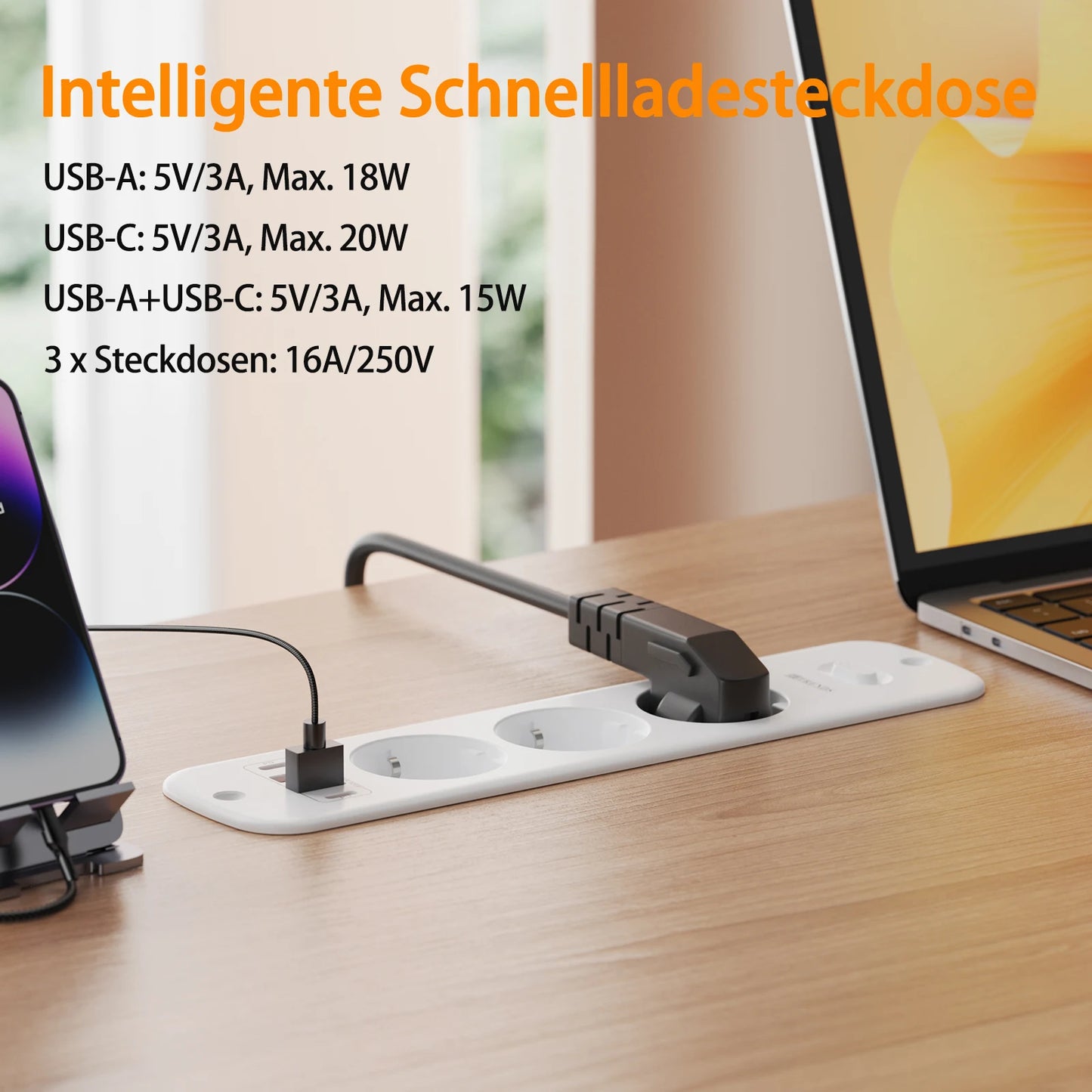 EU-Steckdosenleiste für den Schreibtisch, 3/4-fach + 4 USB-Smart-Schnellladeports, Hauptschalter, 2 Meter Feder-Verlängerungskabel