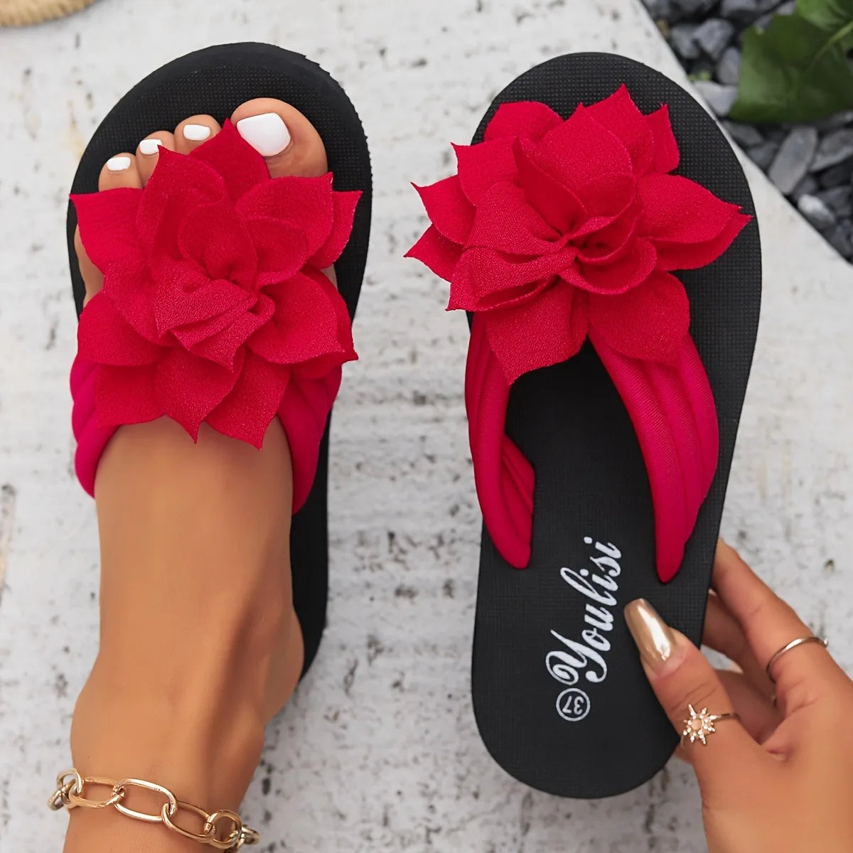 Damen geblümte Flip-Flops Slip-On Urlaub Stil Mittelhohe Absatz Sandalen Stoff Obermaterial EVA Sohle Innensohle Einfarbig Sommer Freizeit Schuhe