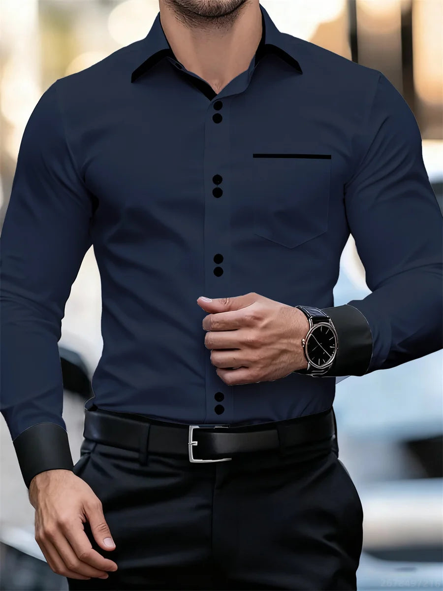 Chemise à manches longues et col color block pour hommes, coupe slim, infroissable, chemise patchwork noire et blanche, haut de mode pour hommes