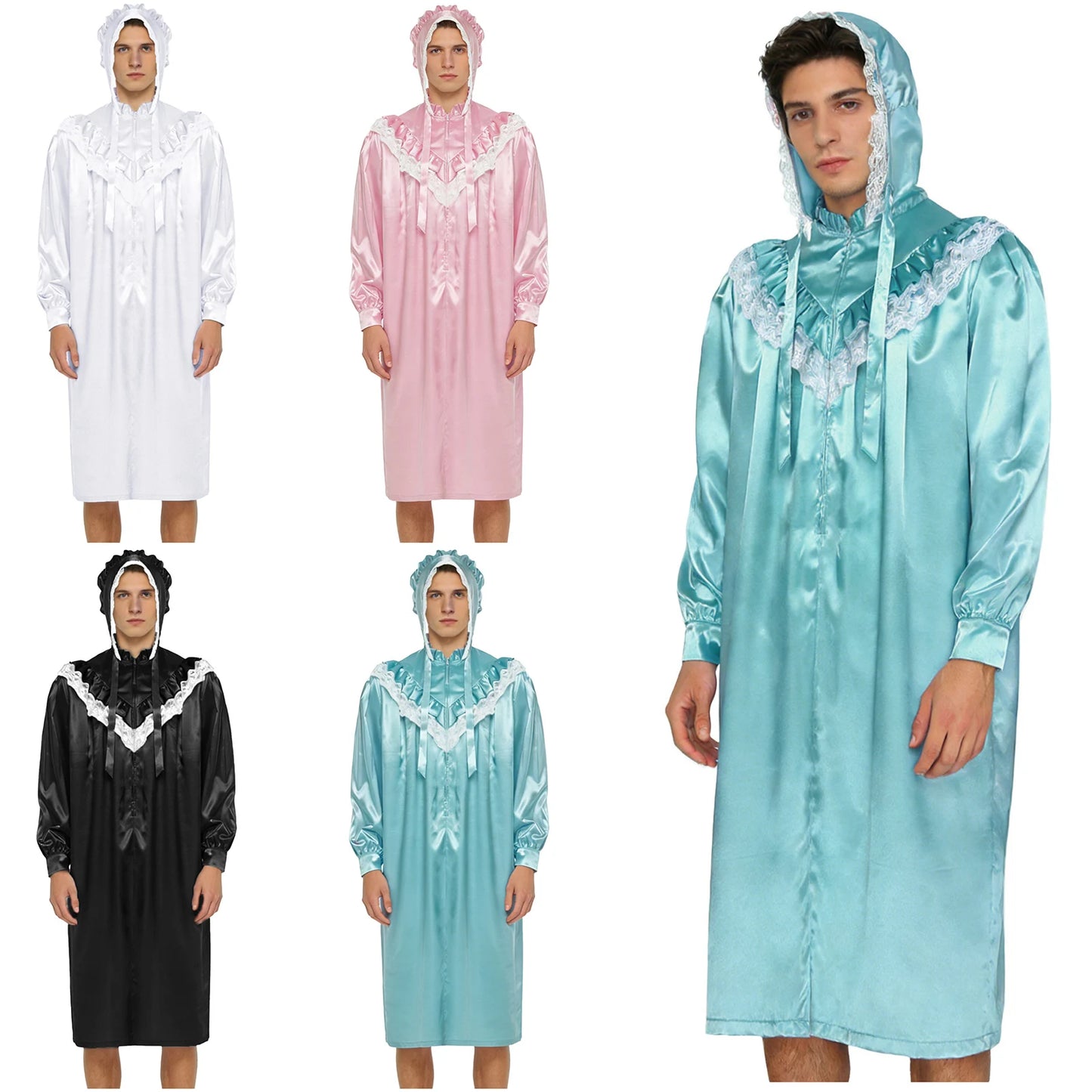 Pyjama homme à volants et dentelle, nuisette victorienne Sissy avec chapeau, robe de nuit satinée à manches longues et fermeture éclair sur le devant